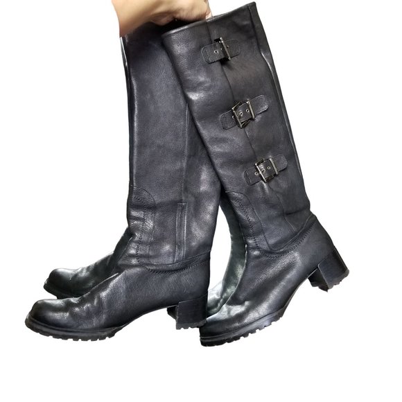 Stuart Weitzman Tall Black Leather Buckle Heeled Riding Boots size 8.5 - Picture 2 of 15